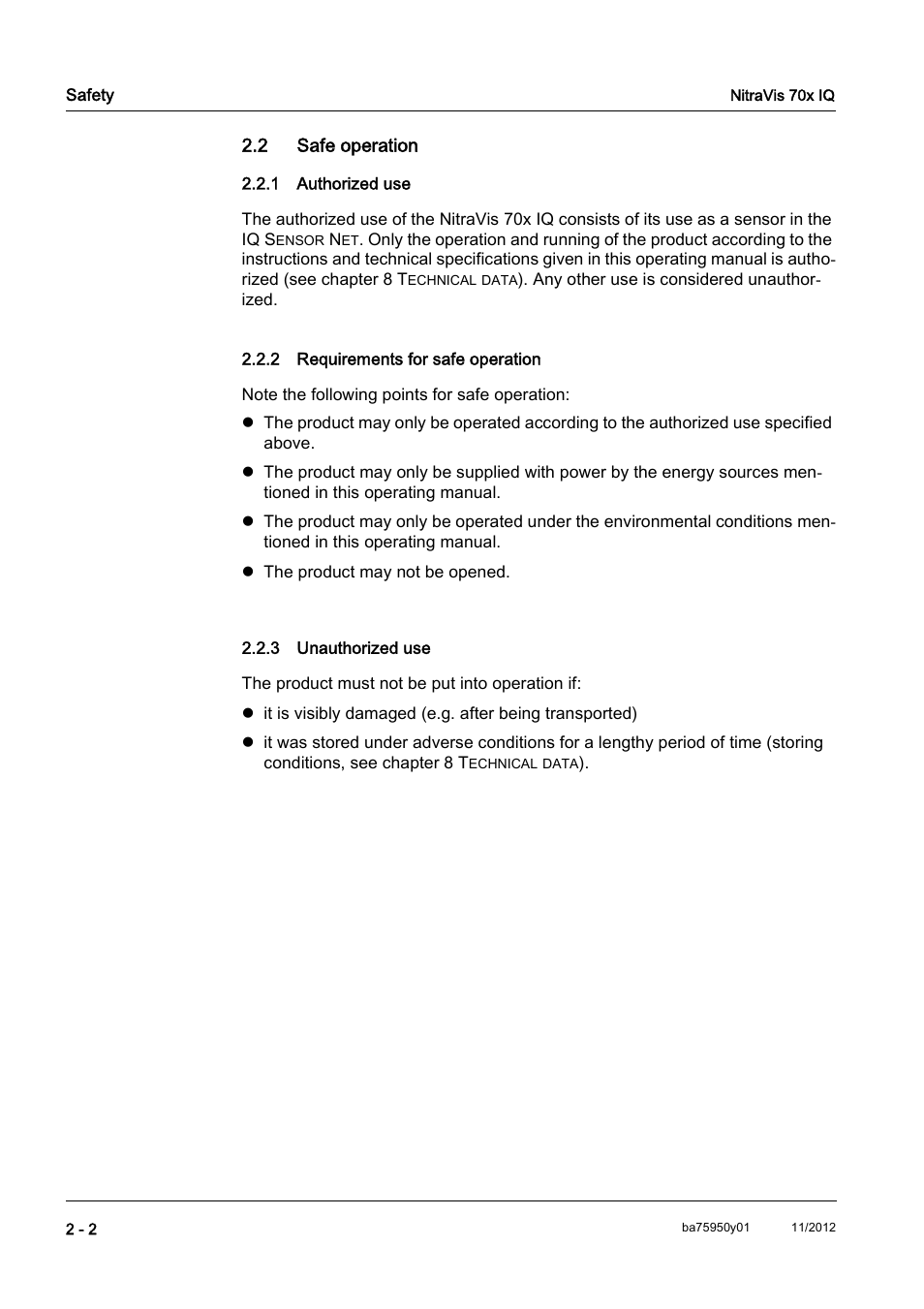 2 safe operation, 1 authorized use, 2 requirements for safe operation | 3 unauthorized use, 2 safe operation -2, Authorized use -2, Requirements for safe operation -2, Unauthorized use -2 | YSI IQ S ENSOR N ET NitraVis 70x IQ User Manual | Page 10 / 58