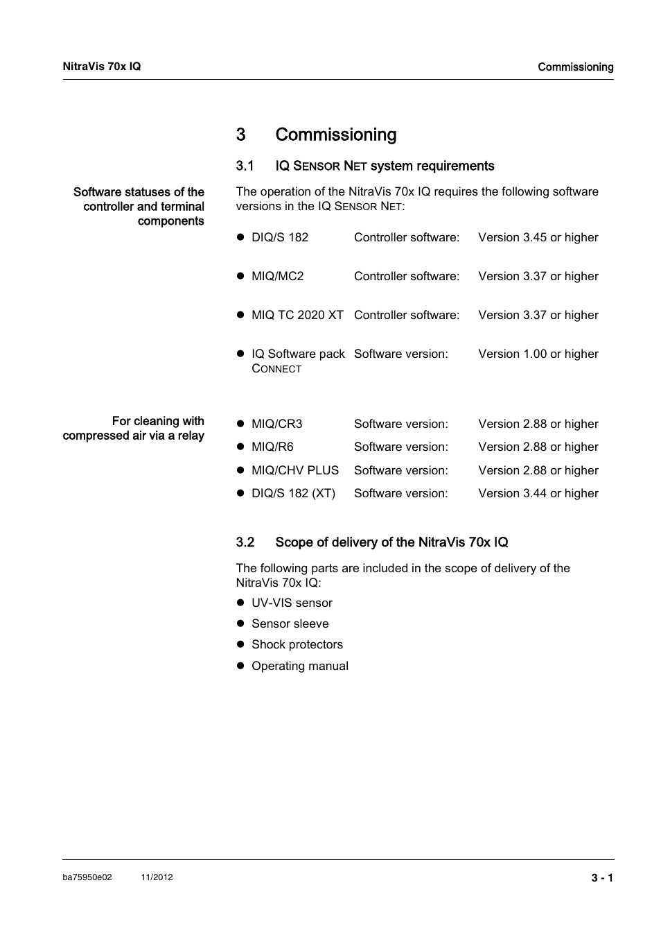 3 commissioning, 1 iq sensor net system requirements, 2 scope of delivery of the nitravis 70x iq | Commissioning -1, 1 iq, 2 scope of delivery of the nitravis 70x iq -1, 3commissioning | YSI IQ S ENSOR N ET NitraVis 70x IQ User Manual | Page 11 / 58