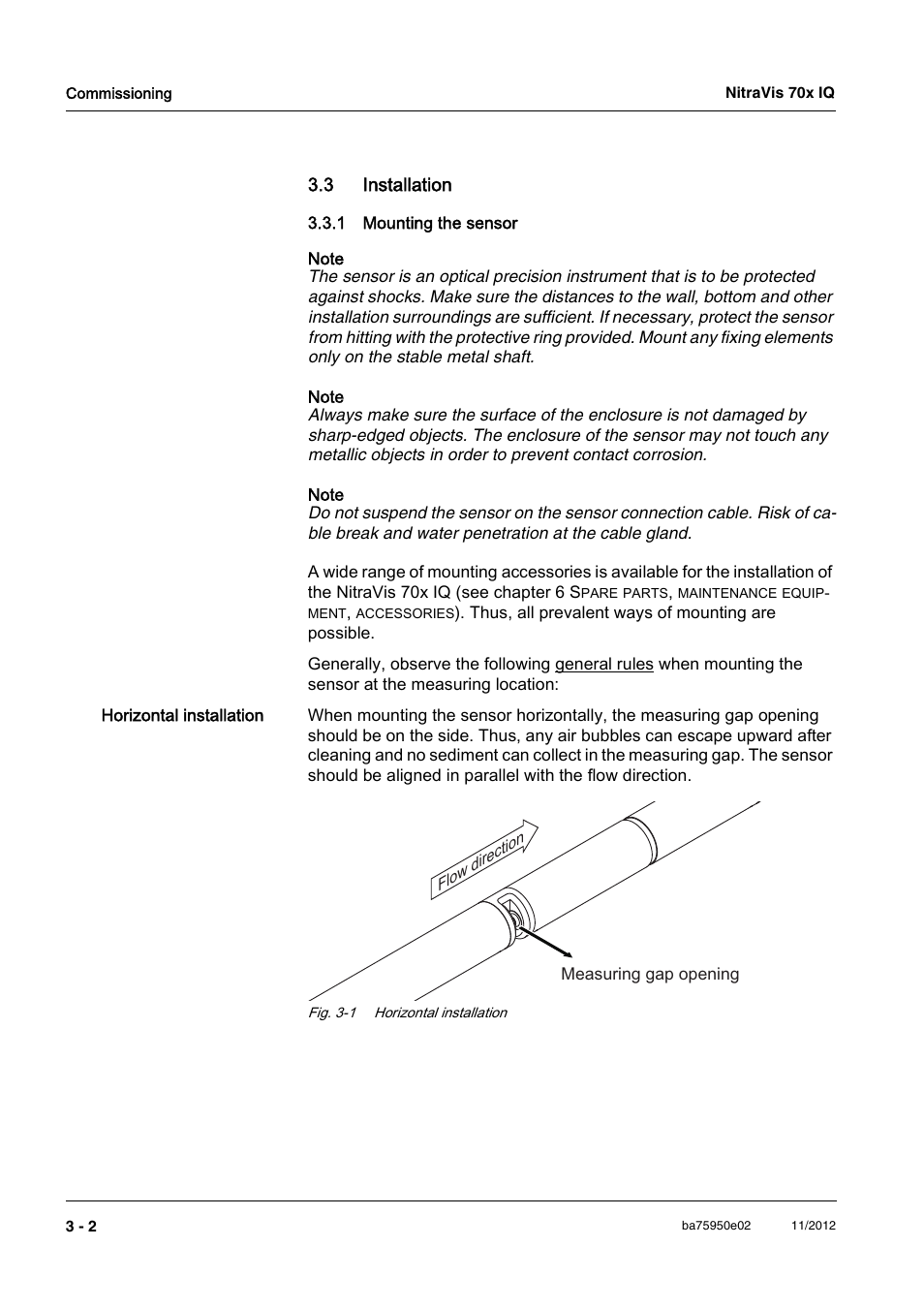 3 installation, 1 mounting the sensor, 3 installation -2 | Mounting the sensor -2 | YSI IQ S ENSOR N ET NitraVis 70x IQ User Manual | Page 12 / 58