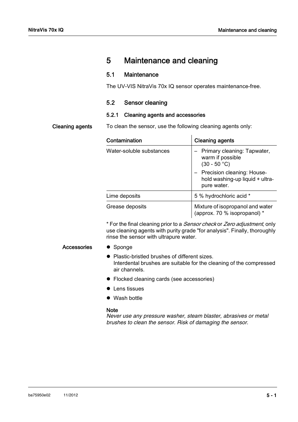 5 maintenance and cleaning, 1 maintenance, 2 sensor cleaning | 1 cleaning agents and accessories, Maintenance and cleaning -1, 1 maintenance -1 5.2 sensor cleaning -1, Cleaning agents and accessories -1, 5maintenance and cleaning | YSI IQ S ENSOR N ET NitraVis 70x IQ User Manual | Page 35 / 58