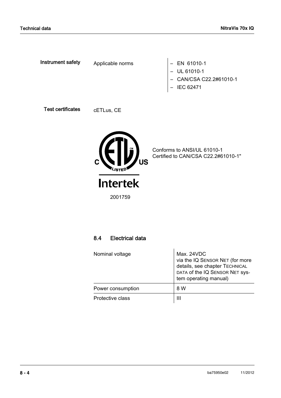 4 electrical data, 4 electrical data -4 | YSI IQ S ENSOR N ET NitraVis 70x IQ User Manual | Page 48 / 58