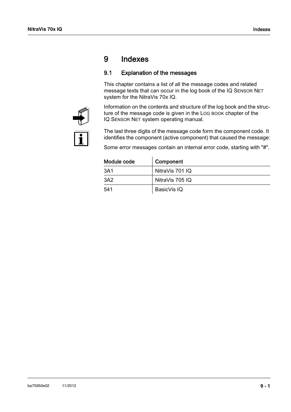 9 indexes, 1 explanation of the messages, Indexes -1 | 1 explanation of the messages -1, 9indexes | YSI IQ S ENSOR N ET NitraVis 70x IQ User Manual | Page 49 / 58