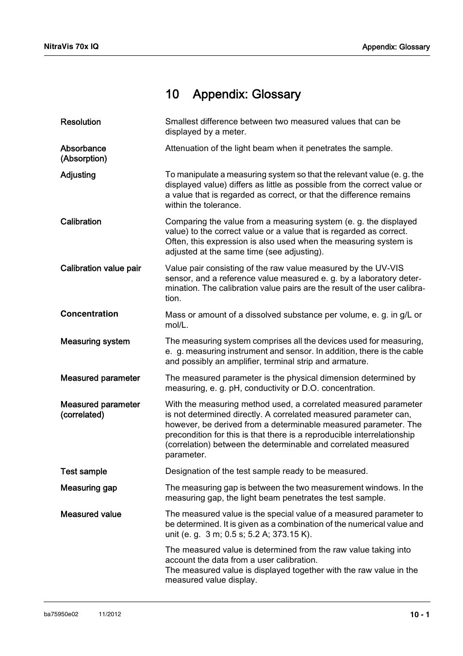 10 appendix: glossary, 10 appendix: glossary -1 | YSI IQ S ENSOR N ET NitraVis 70x IQ User Manual | Page 55 / 58