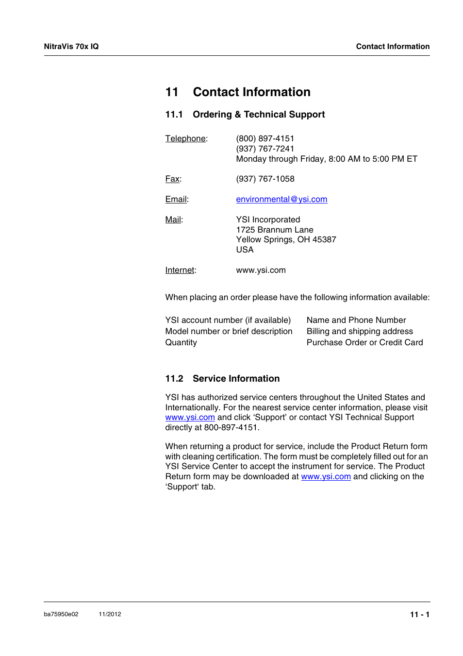 11 contact information, 1 ordering & technical support, 2 service information | YSI IQ S ENSOR N ET NitraVis 70x IQ User Manual | Page 57 / 58