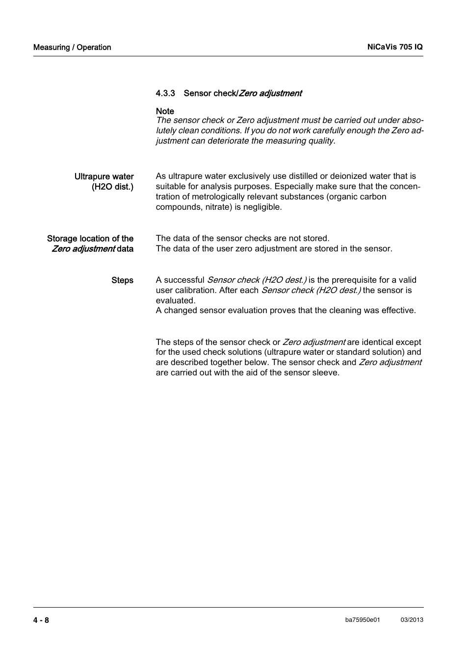 3 sensor check/zero adjustment, Sensor check, See section 4.3.3) | YSI NiCaVis 705 IQ User Manual | Page 32 / 64