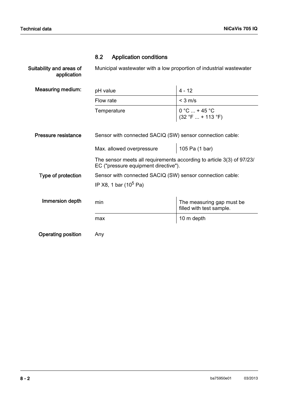 2 application conditions, 2 application conditions -2 | YSI NiCaVis 705 IQ User Manual | Page 50 / 64