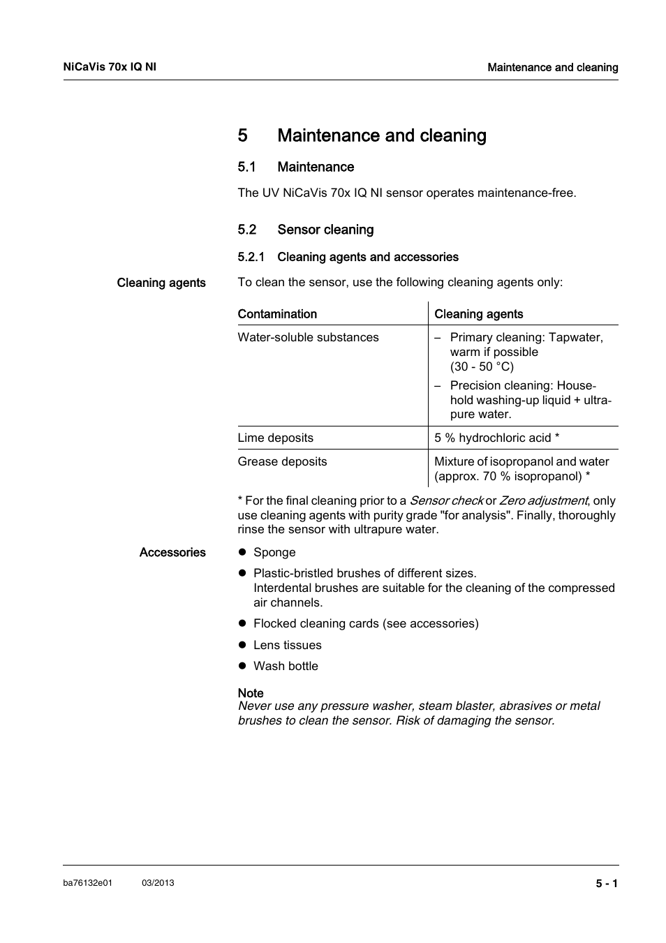 5 maintenance and cleaning, 1 maintenance, 2 sensor cleaning | 1 cleaning agents and accessories, Maintenance and cleaning -1, 1 maintenance -1 5.2 sensor cleaning -1, Cleaning agents and accessories -1, 5maintenance and cleaning | YSI NiCaVis 701 IQ NI User Manual | Page 39 / 66