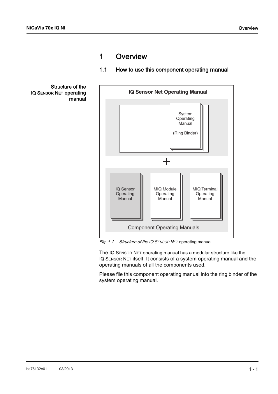 1 overview, 1 how to use this component operating manual, Overview -1 | 1 how to use this component operating manual -1, 1overview | YSI NiCaVis 701 IQ NI User Manual | Page 5 / 66