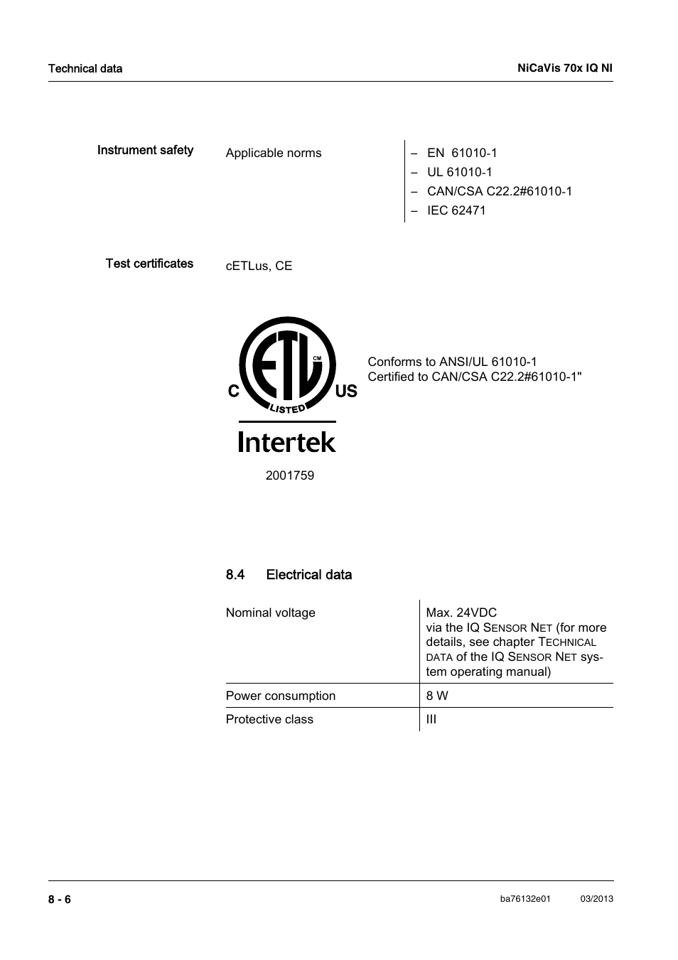 4 electrical data, 4 electrical data -6 | YSI NiCaVis 701 IQ NI User Manual | Page 54 / 66