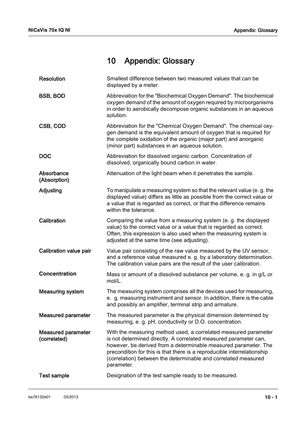 10 appendix: glossary, 10 appendix: glossary -1 | YSI NiCaVis 701 IQ NI User Manual | Page 61 / 66