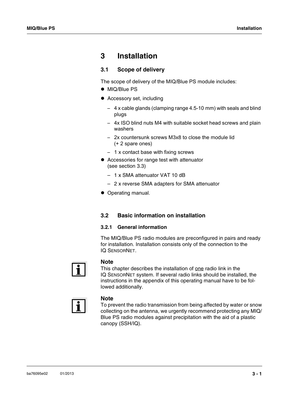 3 installation, 1 scope of delivery, 2 basic information on installation | 1 general information, Installation -1, Scope of delivery -1, Basic information on installation -1 3.2.1, General information -1, 3installation | YSI MIQ/Blue PS Set User Manual | Page 11 / 48