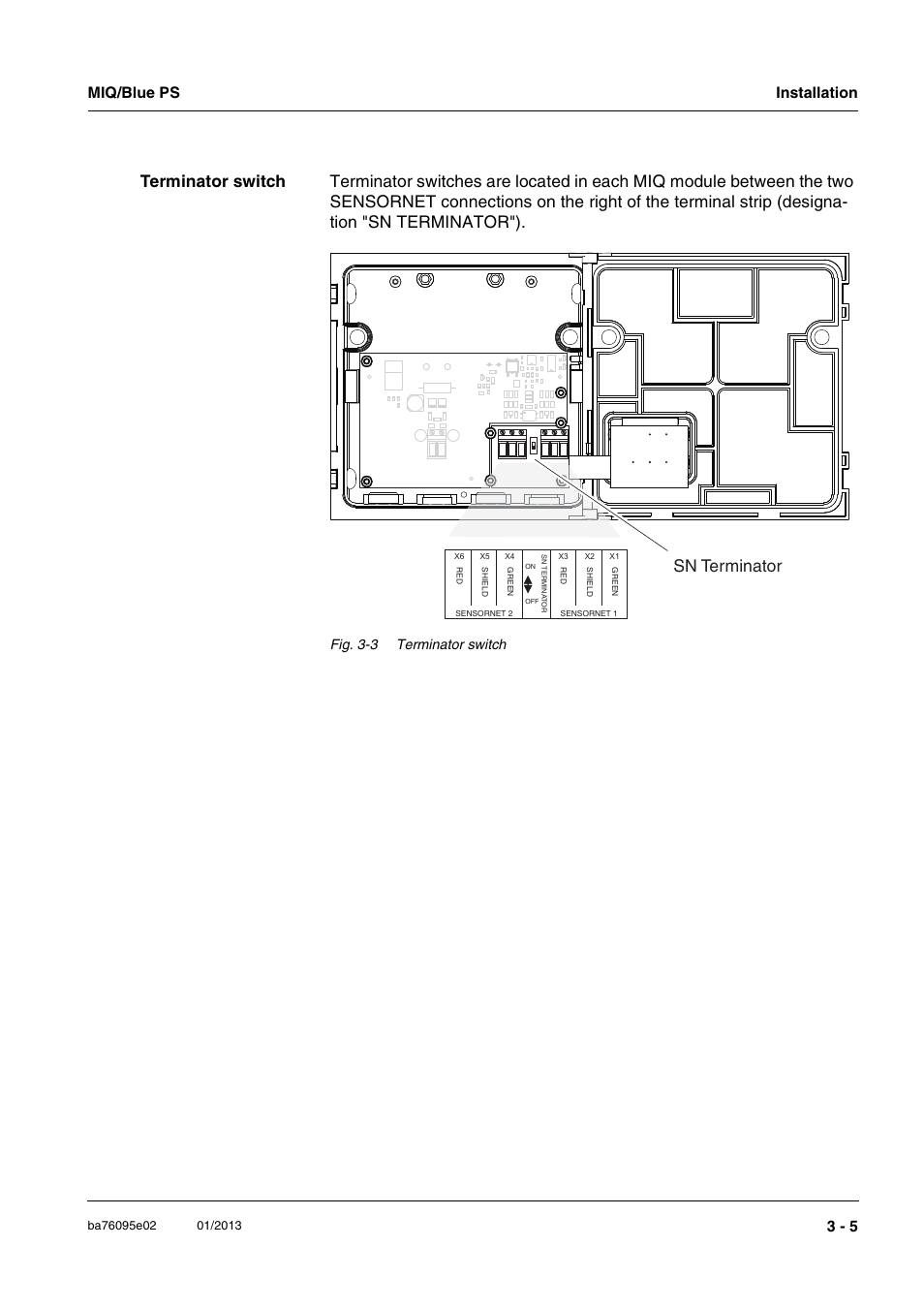 Sn terminator, Miq/blue ps installation 3 - 5, Fig. 3-3 terminator switch | YSI MIQ/Blue PS Set User Manual | Page 15 / 48