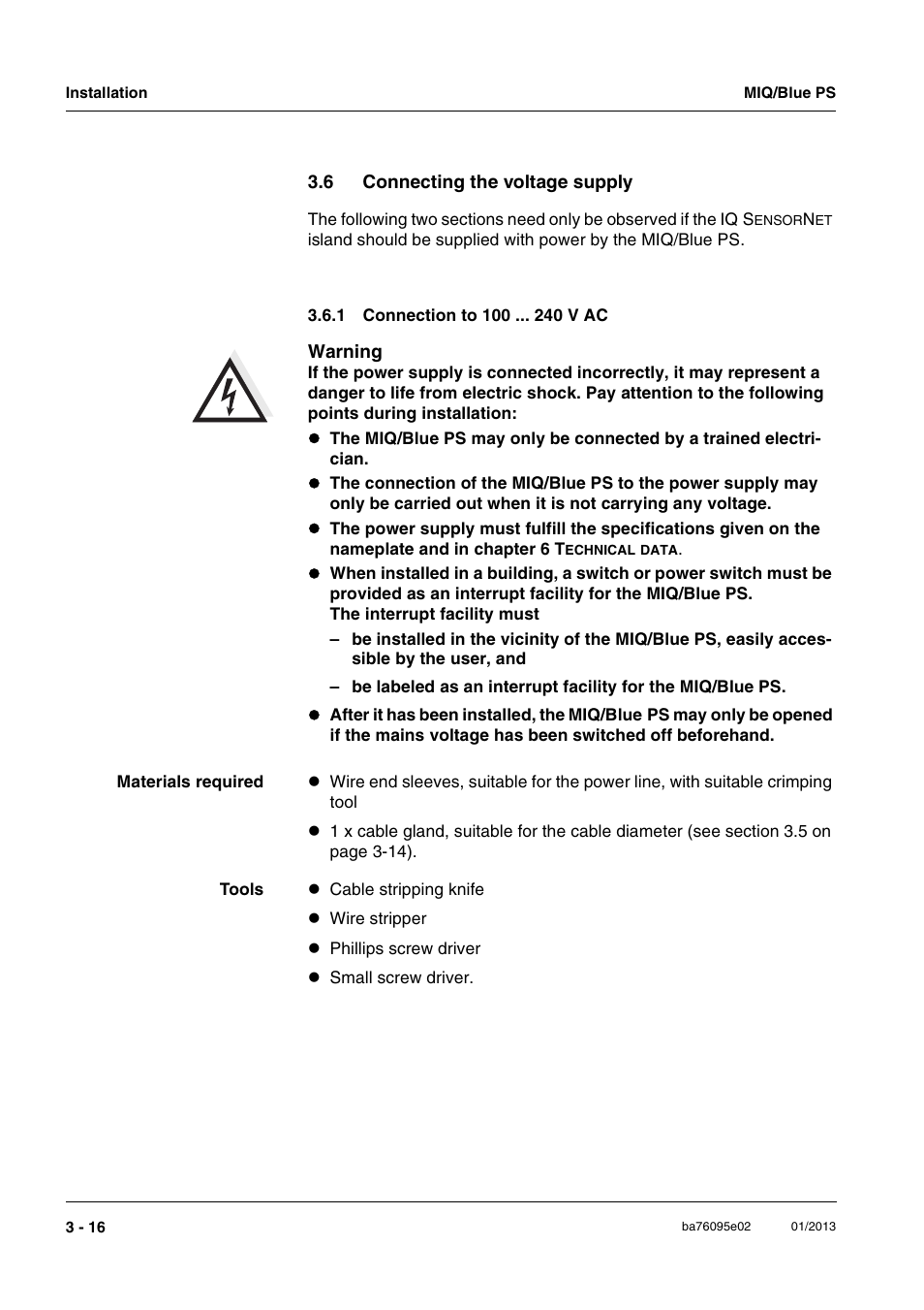 6 connecting the voltage supply, 1 connection to 100 v ac, Connecting the voltage supply -16 3.6.1 | Connection to 100 v ac -16 | YSI MIQ/Blue PS Set User Manual | Page 26 / 48