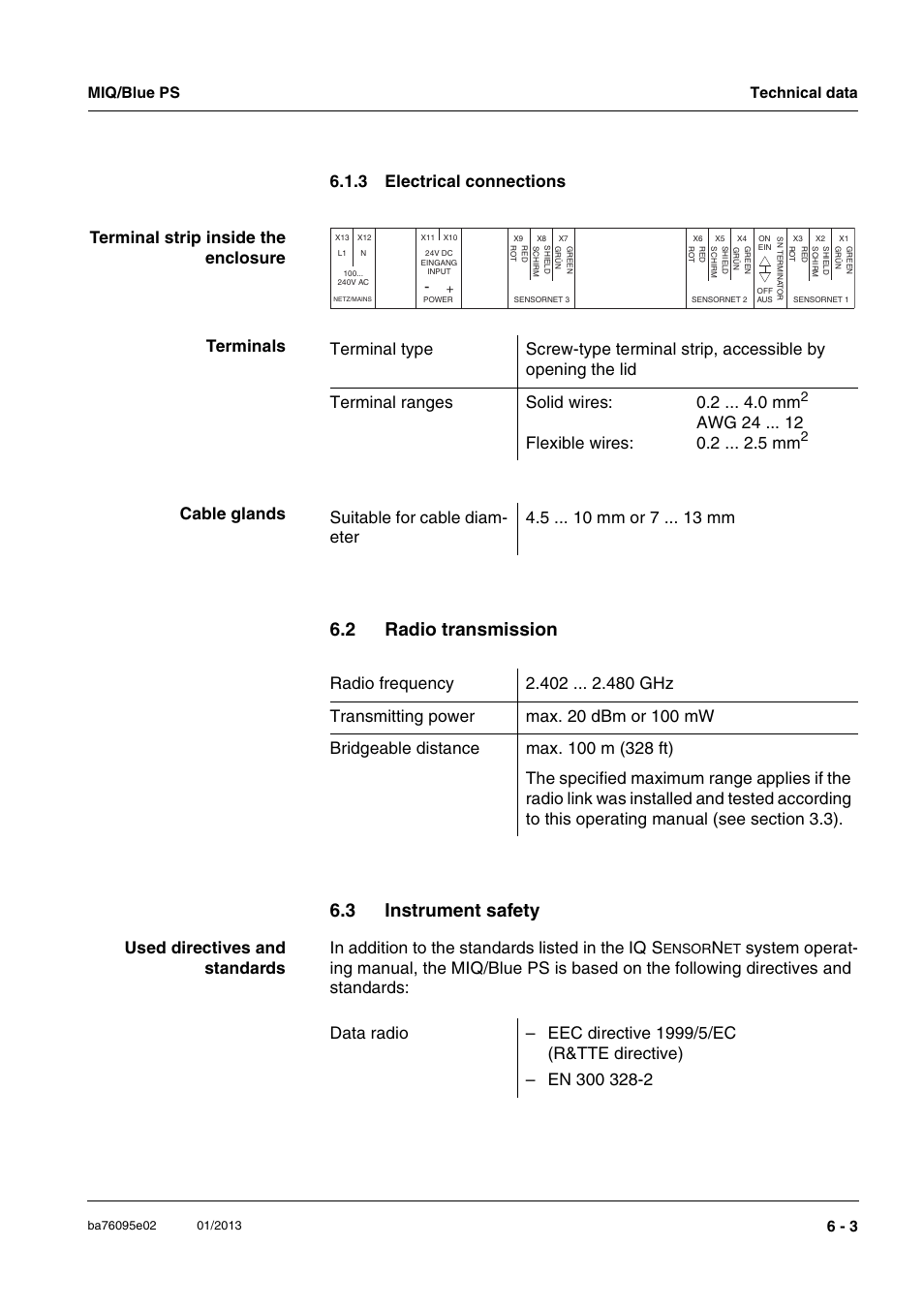 3 electrical connections, 2 radio transmission, 3 instrument safety | Electrical connections -3, Radio transmission -3, Instrument safety -3, 2 radio transmission 6.3 instrument safety, Awg 24 0.2 mm | YSI MIQ/Blue PS Set User Manual | Page 41 / 48