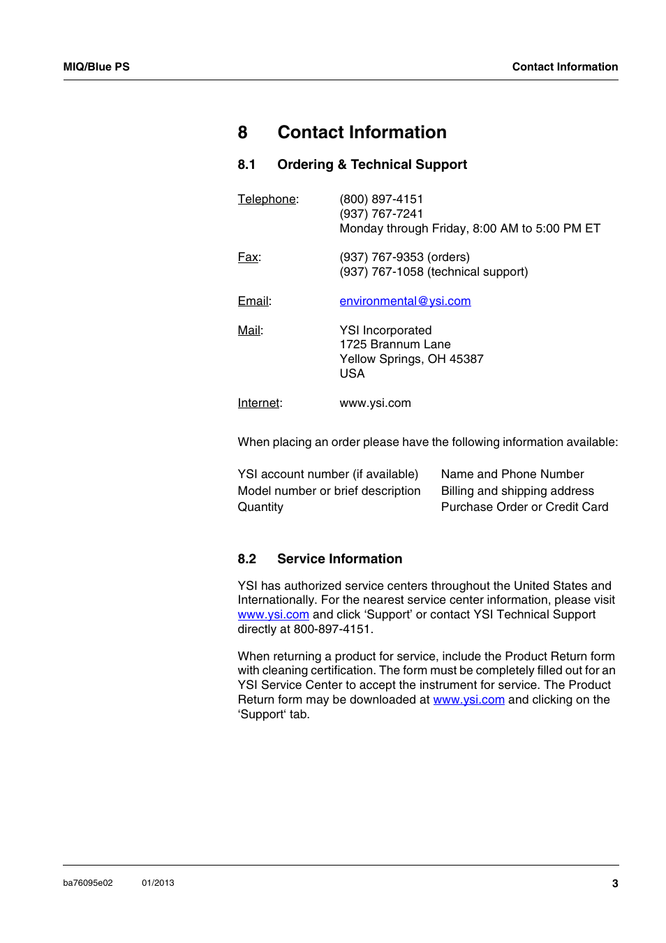 8 contact information, 1 ordering & technical support, 2 service information | Contact information -3, Ordering & technical support -3, Service information -3, 8contact information | YSI MIQ/Blue PS Set User Manual | Page 45 / 48