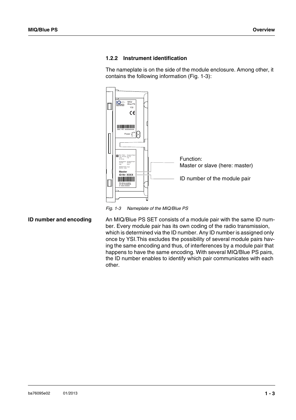 2 instrument identification, Instrument identification -3, Miq/blue ps overview 1 - 3 | Fig. 1-3 nameplate of the miq/blue ps | YSI MIQ/Blue PS Set User Manual | Page 7 / 48
