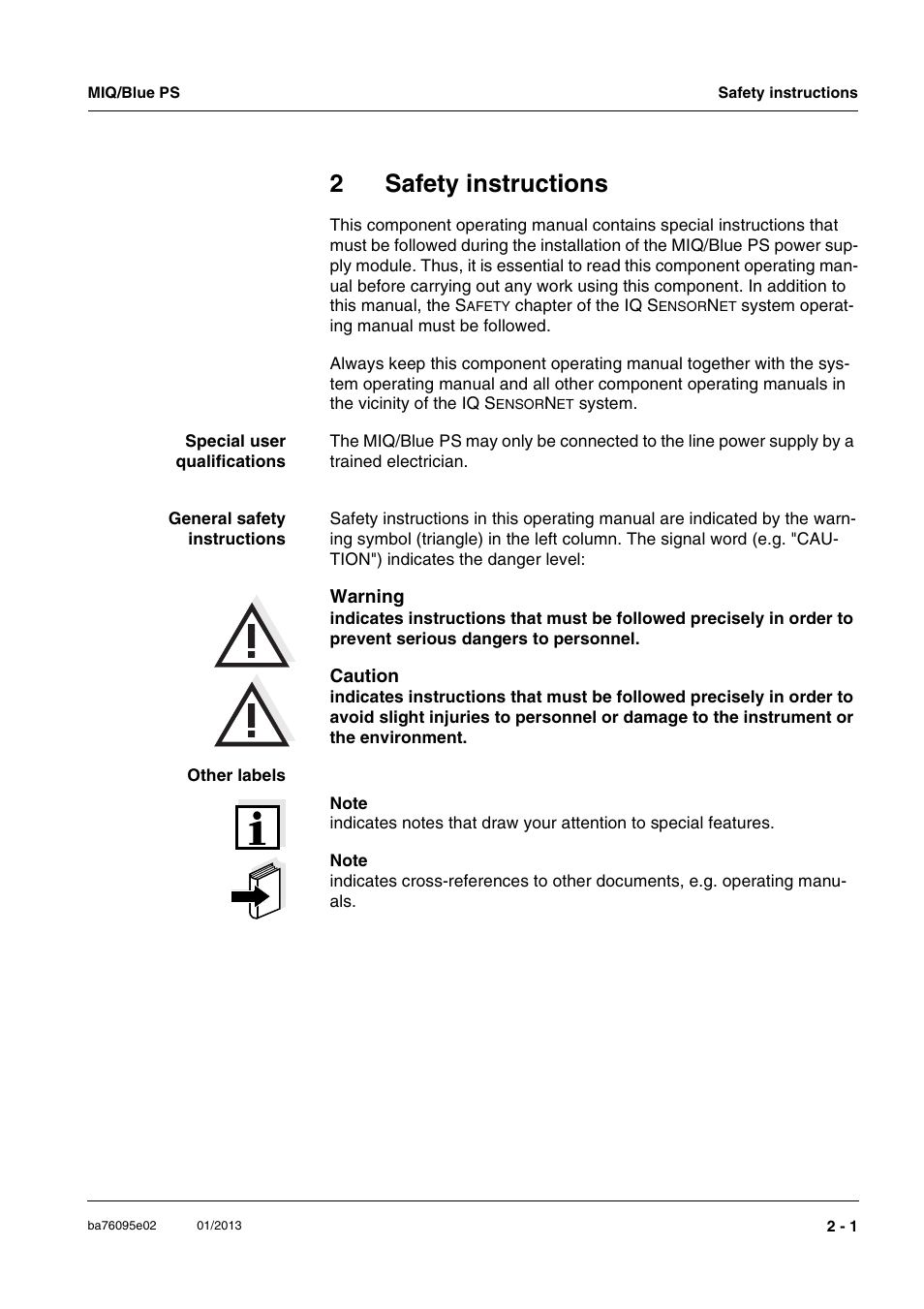 2 safety instructions, Safety instructions -1, 2safety instructions | YSI MIQ/Blue PS Set User Manual | Page 9 / 48
