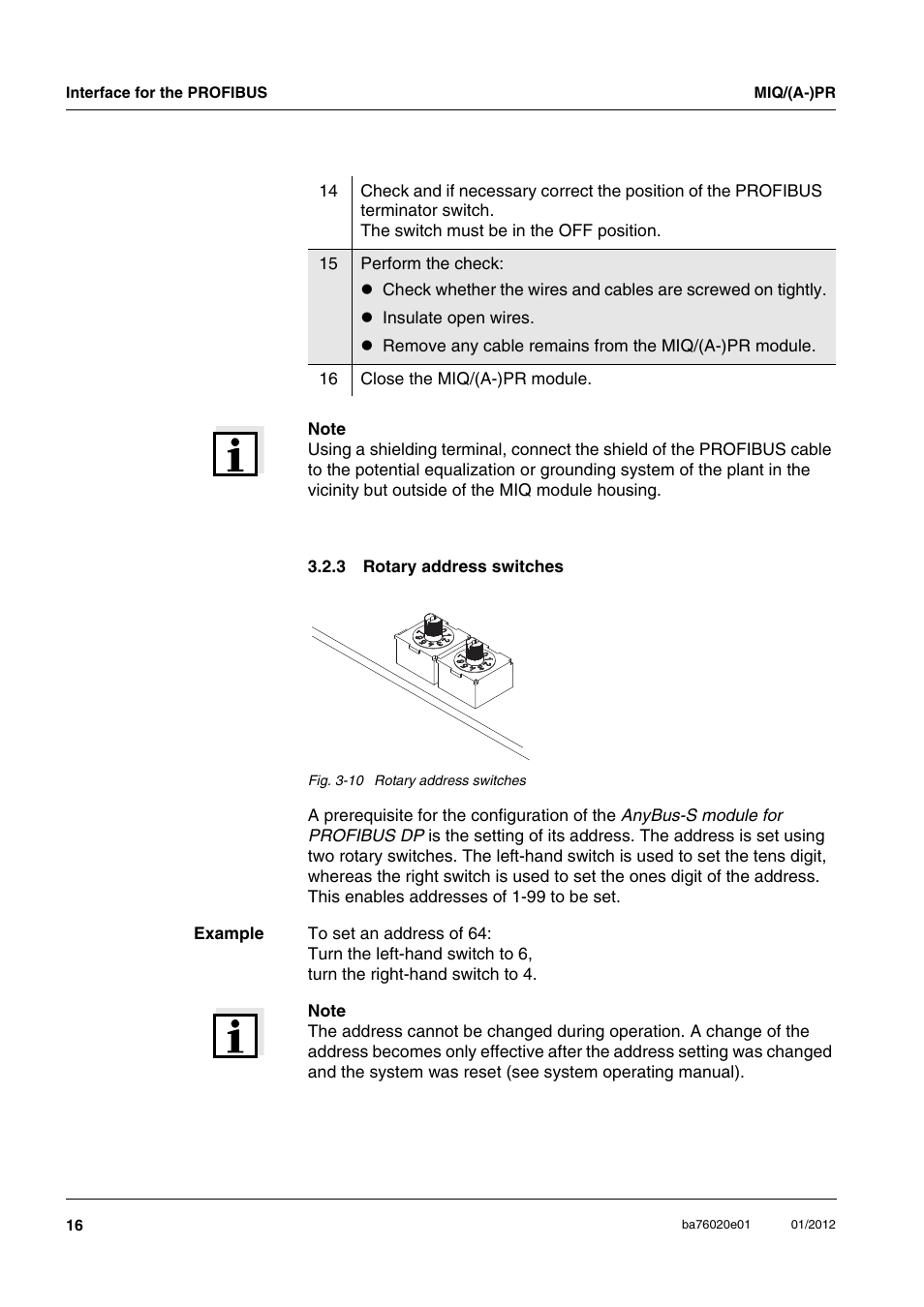 3 rotary address switches, Rotary address switches | YSI IQ SensorNet MIQ/A-PR Module User Manual | Page 16 / 36