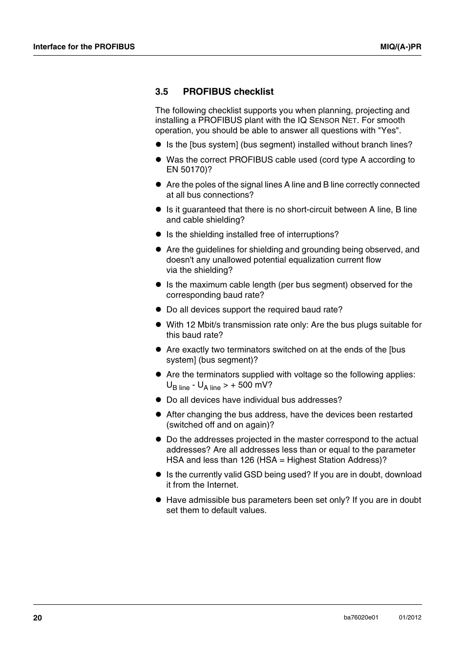 5 profibus checklist, Profibus checklist | YSI IQ SensorNet MIQ/A-PR Module User Manual | Page 20 / 36
