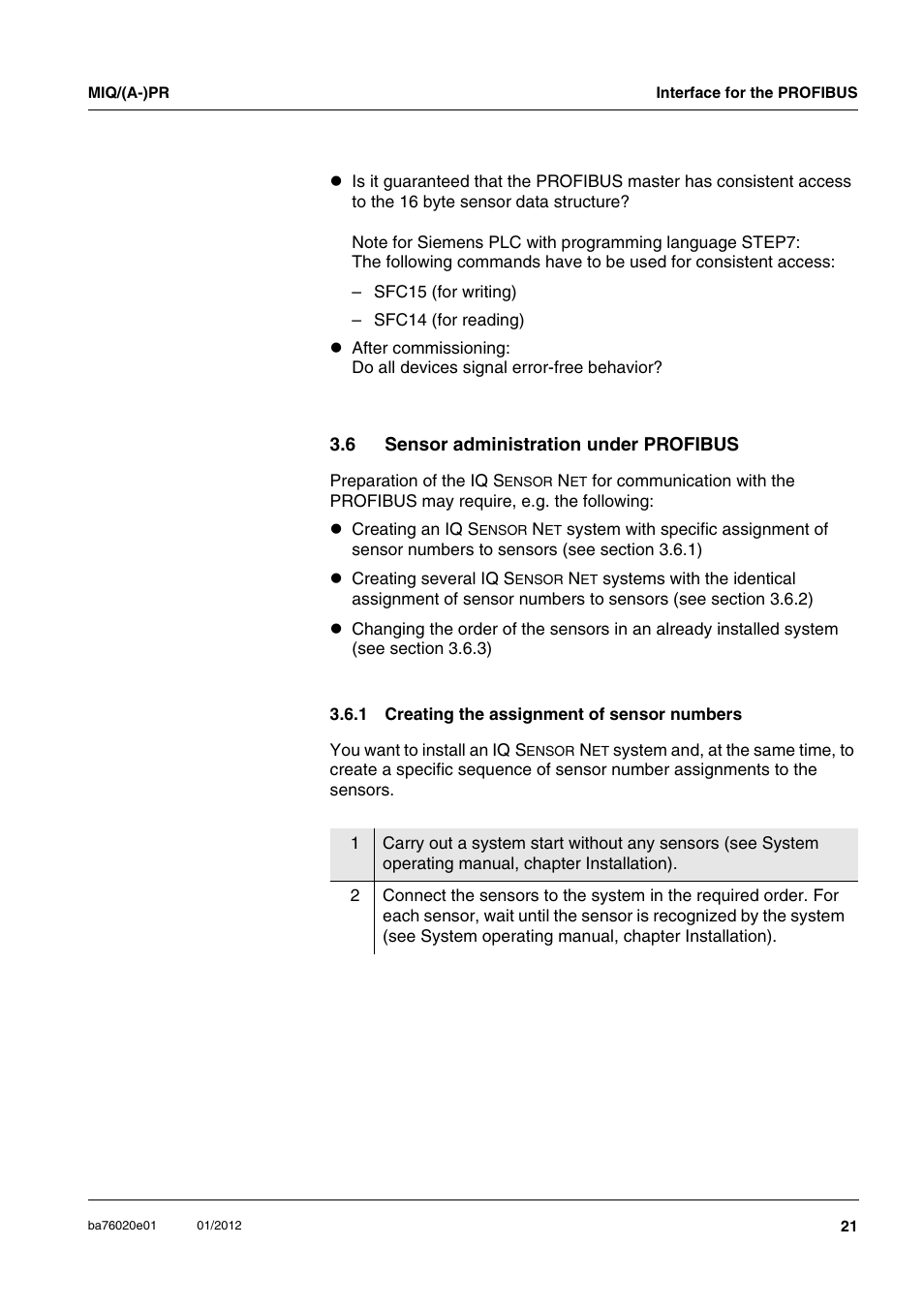 6 sensor administration under profibus, 1 creating the assignment of sensor numbers, Sensor administration under profibus 3.6.1 | Creating the assignment of sensor numbers | YSI IQ SensorNet MIQ/A-PR Module User Manual | Page 21 / 36