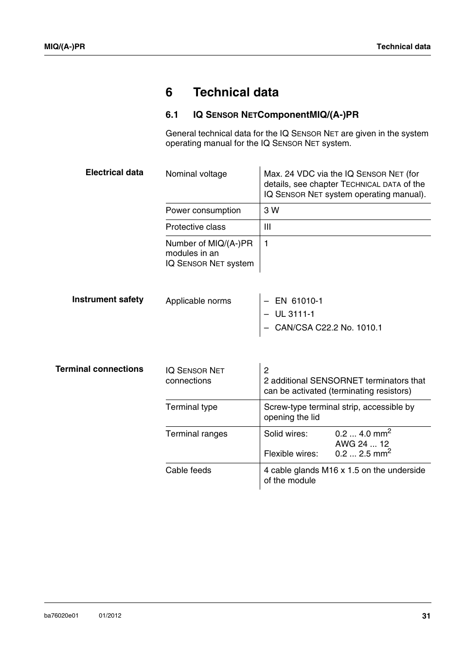 6 technical data, 1 iq sensor netcomponentmiq/(a-)pr, Technical data | Chapter 6 t, Echnical, Data, S (see chapter 6 t, 6technical data | YSI IQ SensorNet MIQ/A-PR Module User Manual | Page 31 / 36