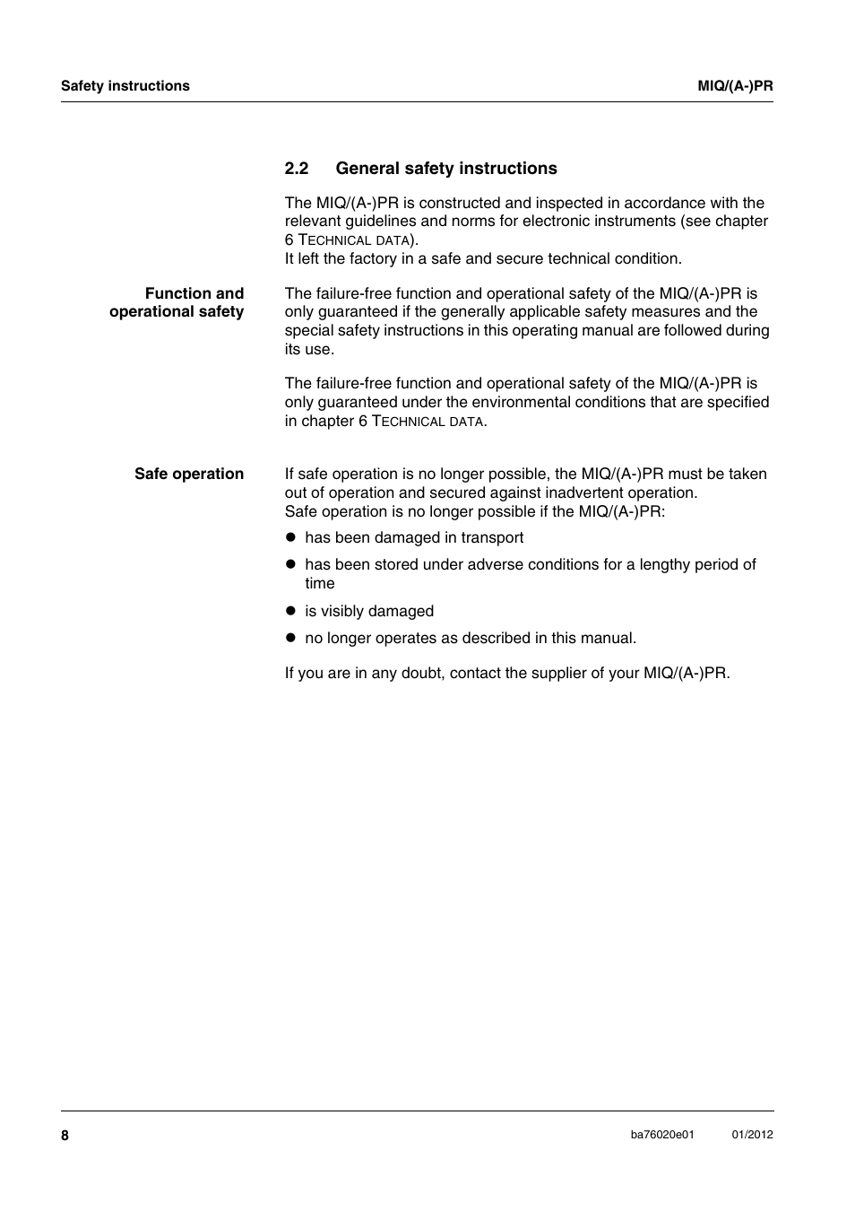 2 general safety instructions, General safety instructions | YSI IQ SensorNet MIQ/A-PR Module User Manual | Page 8 / 36