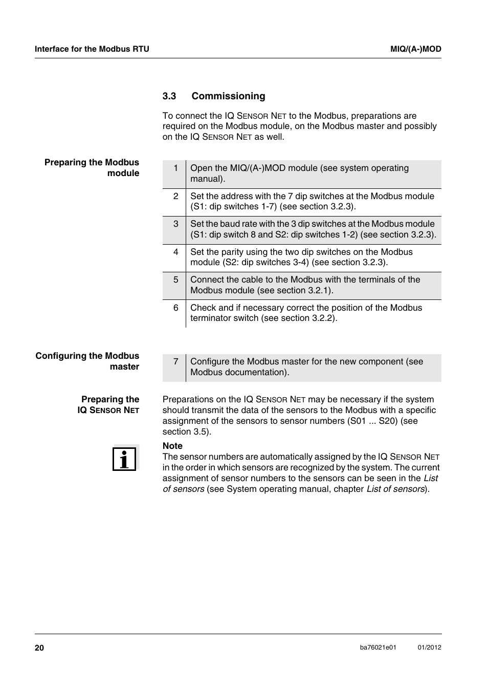 3 commissioning, Commissioning | YSI IQ SensorNet MIQ/A-MOD Module User Manual | Page 20 / 42
