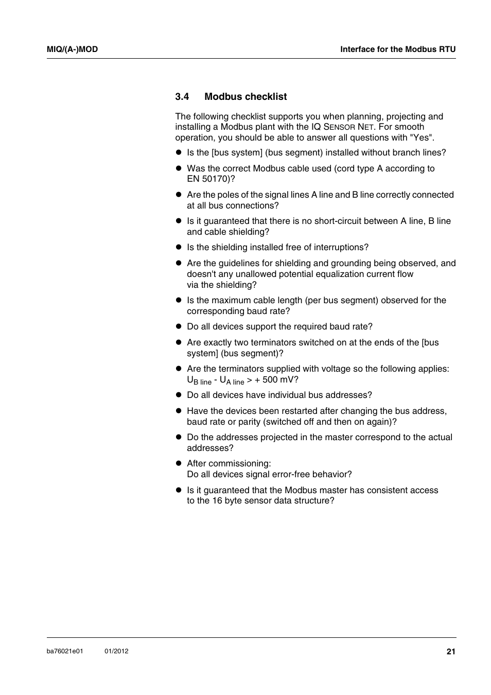 4 modbus checklist, Modbus checklist | YSI IQ SensorNet MIQ/A-MOD Module User Manual | Page 21 / 42