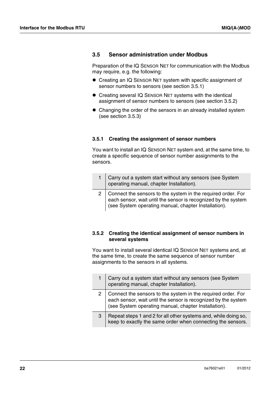 5 sensor administration under modbus, 1 creating the assignment of sensor numbers, Sensor administration under modbus 3.5.1 | Creating the assignment of sensor numbers, Section 3.5) | YSI IQ SensorNet MIQ/A-MOD Module User Manual | Page 22 / 42