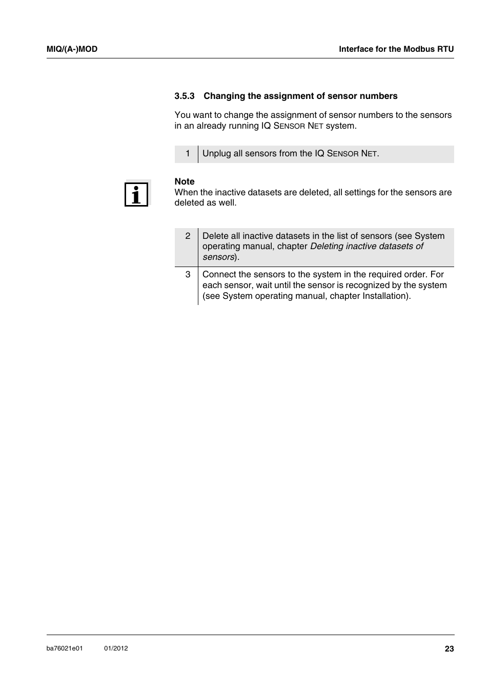 3 changing the assignment of sensor numbers, Changing the assignment of sensor numbers | YSI IQ SensorNet MIQ/A-MOD Module User Manual | Page 23 / 42