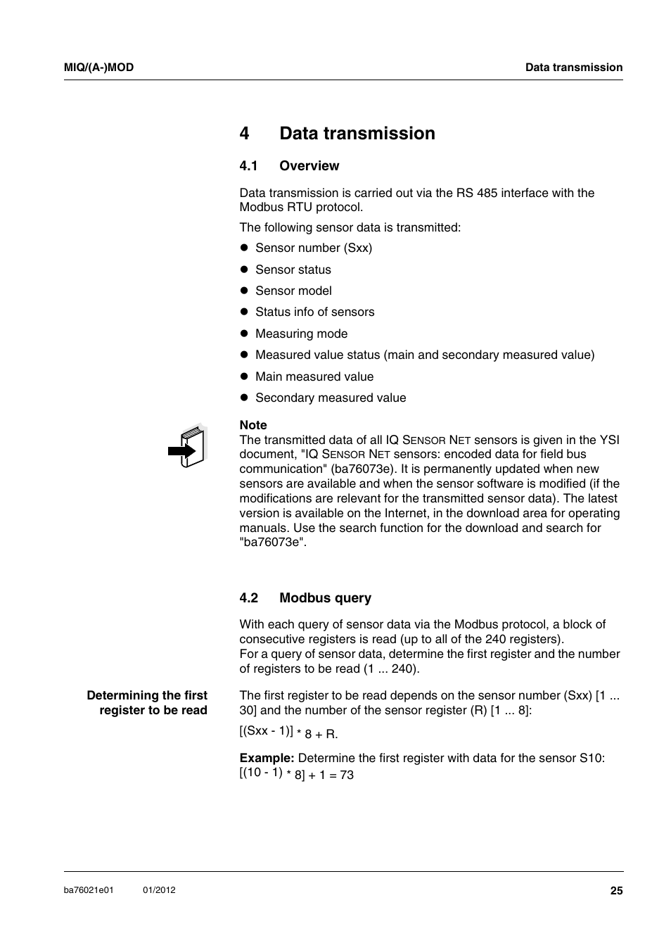 4 data transmission, 1 overview, 2 modbus query | Data transmission, Overview, Modbus query, 4data transmission | YSI IQ SensorNet MIQ/A-MOD Module User Manual | Page 25 / 42