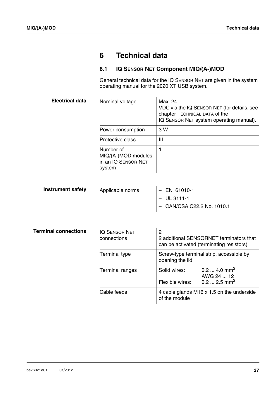 6 technical data, 1 iq sensor net component miq/(a-)mod, Technical data | 6technical data | YSI IQ SensorNet MIQ/A-MOD Module User Manual | Page 37 / 42