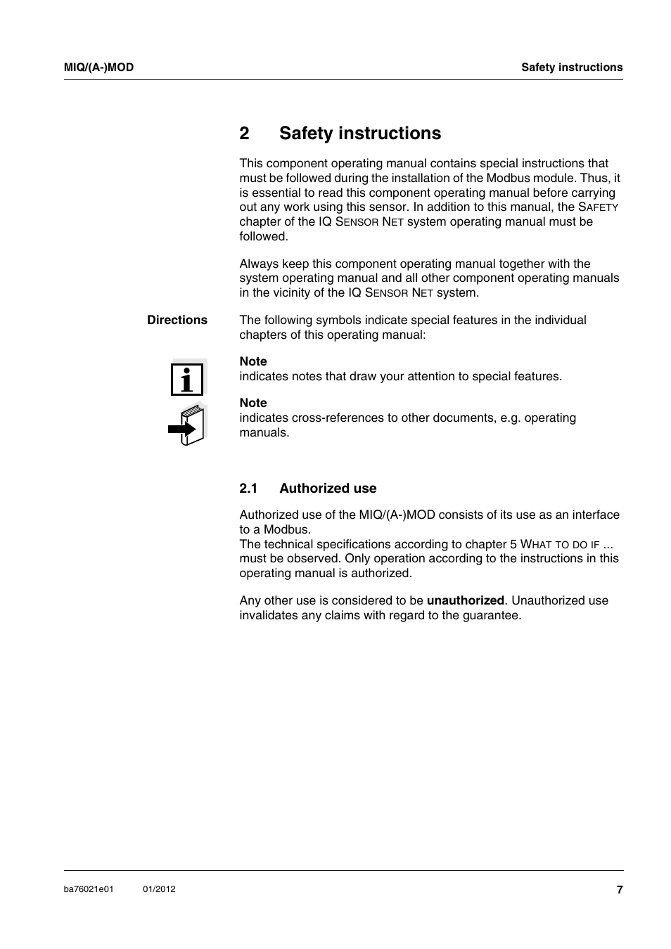 2 safety instructions, 1 authorized use, Safety instructions | Authorized use, 2safety instructions | YSI IQ SensorNet MIQ/A-MOD Module User Manual | Page 7 / 42