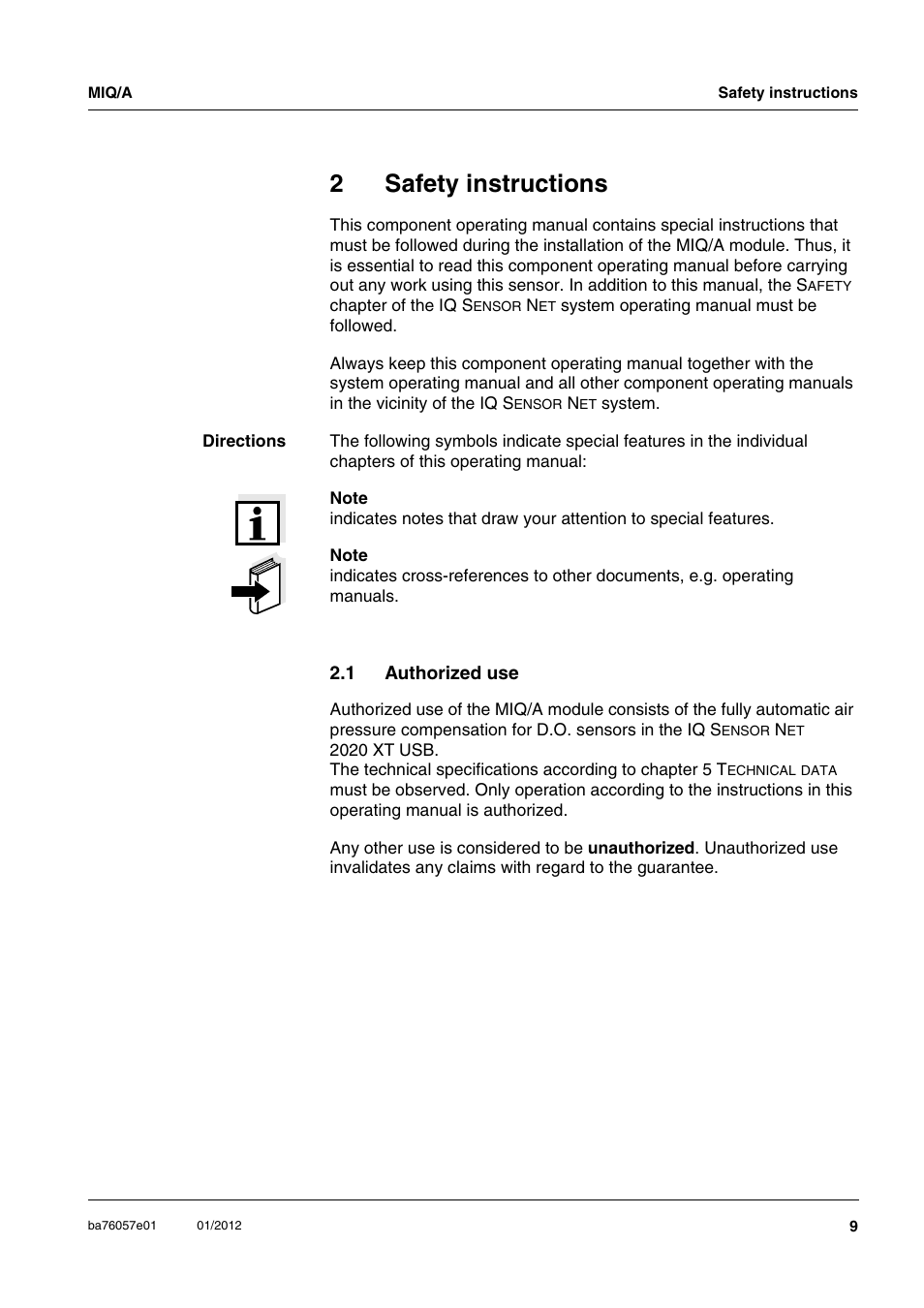 2 safety instructions, 1 authorized use, Safety instructions | Authorized use, 2safety instructions | YSI IQ S ENSOR N ET MIQ/A User Manual | Page 7 / 18