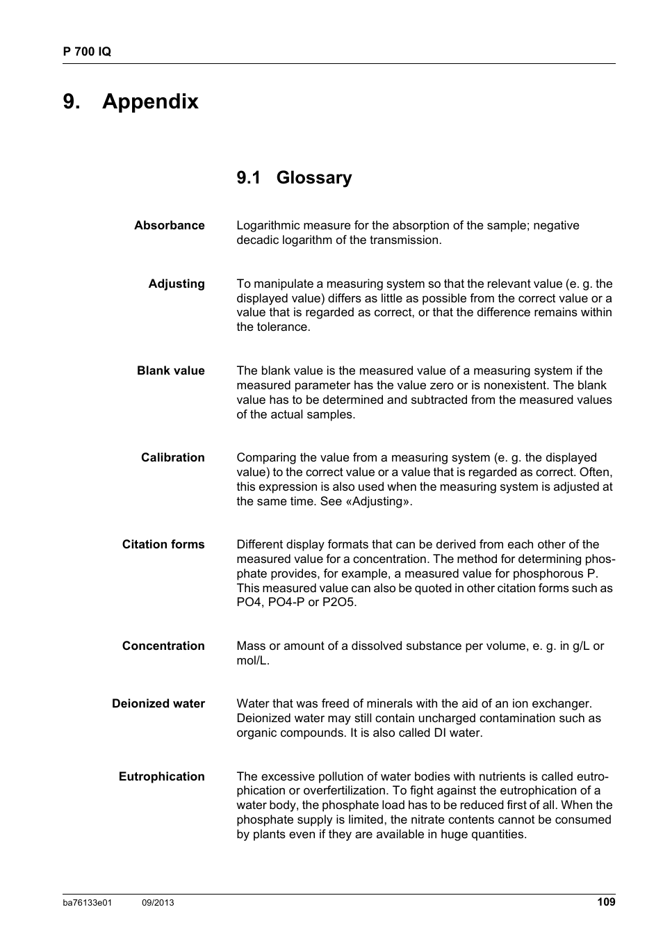 Appendix, 1 glossary, Glossary | YSI P 700 IQ Analyzer User Manual | Page 109 / 116