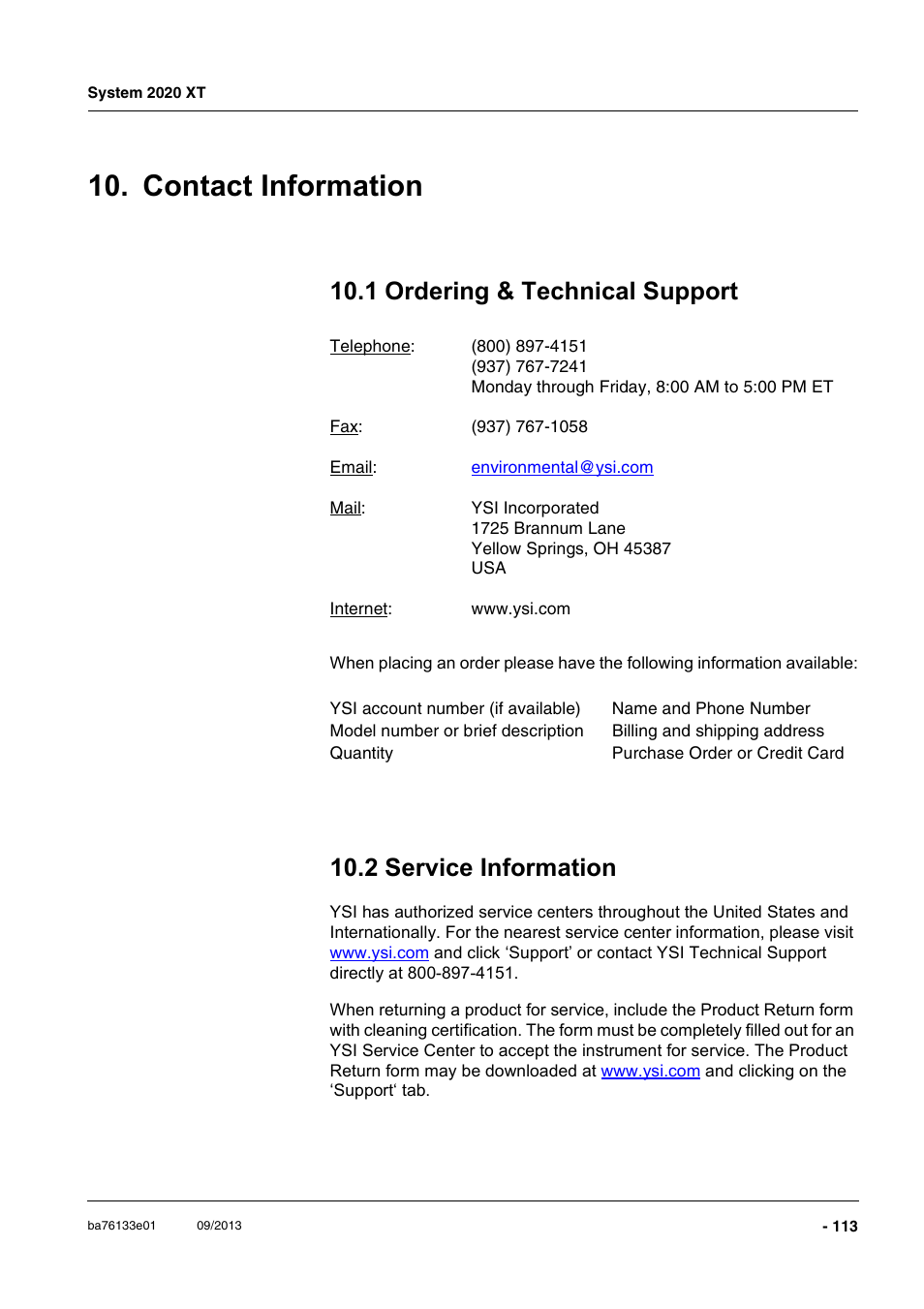 10 contact information, 1 ordering & technical support, Service information | Contact information, 2 service information | YSI P 700 IQ Analyzer User Manual | Page 113 / 116