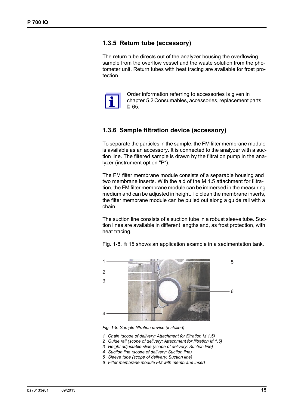 5 return tube (accessory), 6 sample filtration device (accessory), Section 1.3.6 | Section 1.3.5 | YSI P 700 IQ Analyzer User Manual | Page 15 / 116