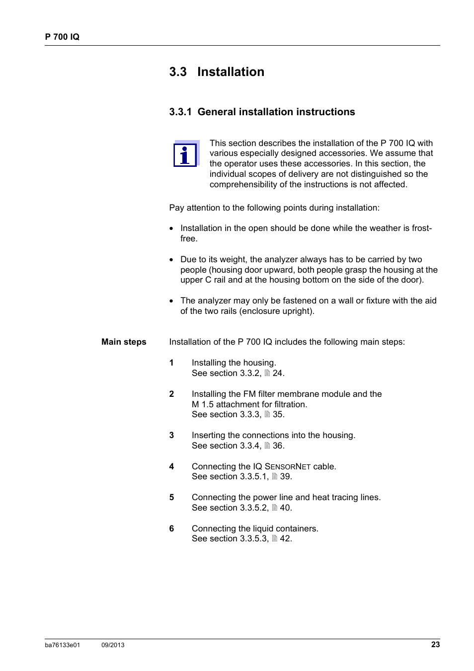 3 installation, 1 general installation instructions | YSI P 700 IQ Analyzer User Manual | Page 23 / 116