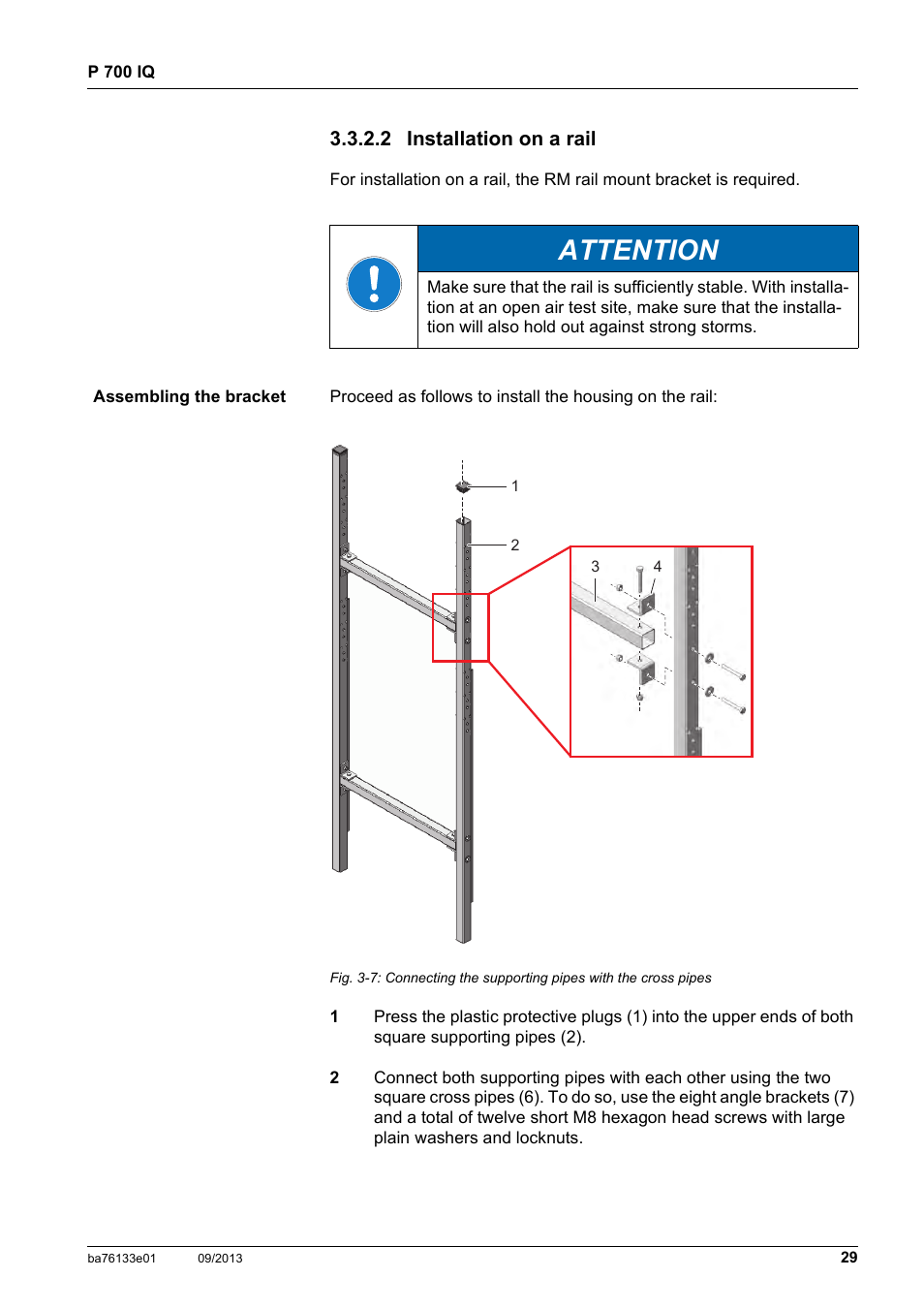 2 installation on a rail, See section 3.3.2.2 installation on a rail,  29, Attention | YSI P 700 IQ Analyzer User Manual | Page 29 / 116