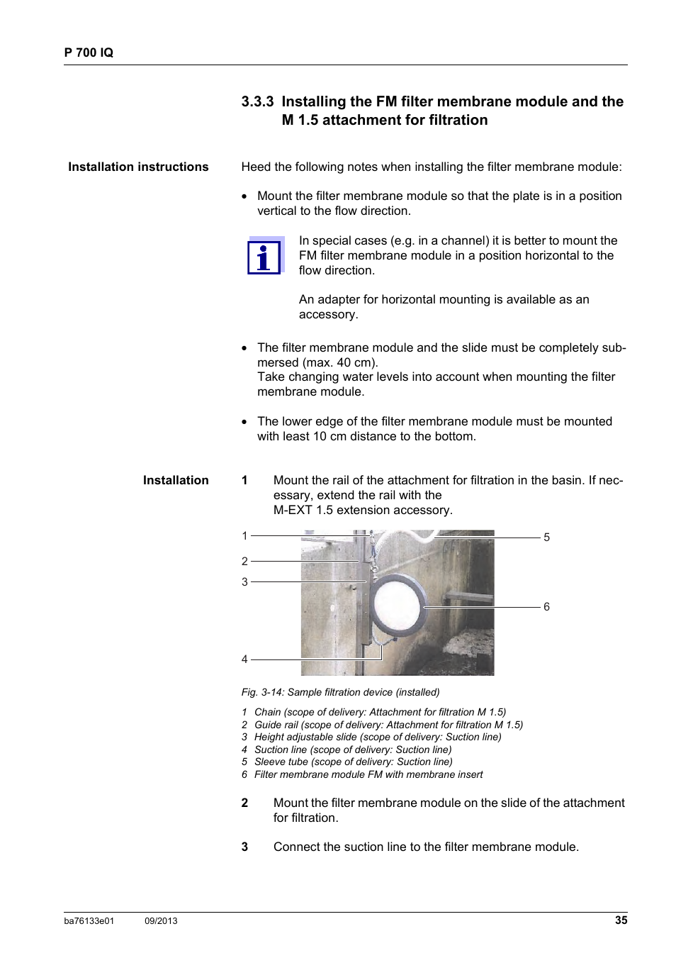 3 installing the fm filter membrane module and the, M 1.5 attachment for filtration, See section 3.3.3,  35 | YSI P 700 IQ Analyzer User Manual | Page 35 / 116