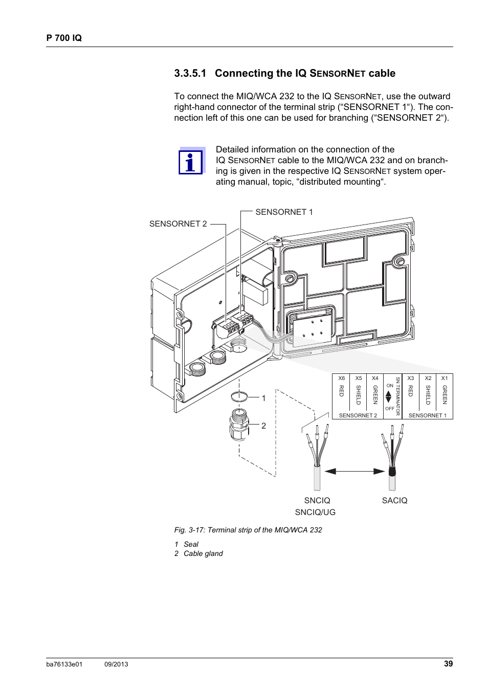 1 connecting the iq sensornet cable, Connecting the iq s, Ensor | Cable, See section 3.3.5.1,  39, Section 3.3.5.1 connecting the iq s, Cable,  39, 1 connecting the iq s | YSI P 700 IQ Analyzer User Manual | Page 39 / 116