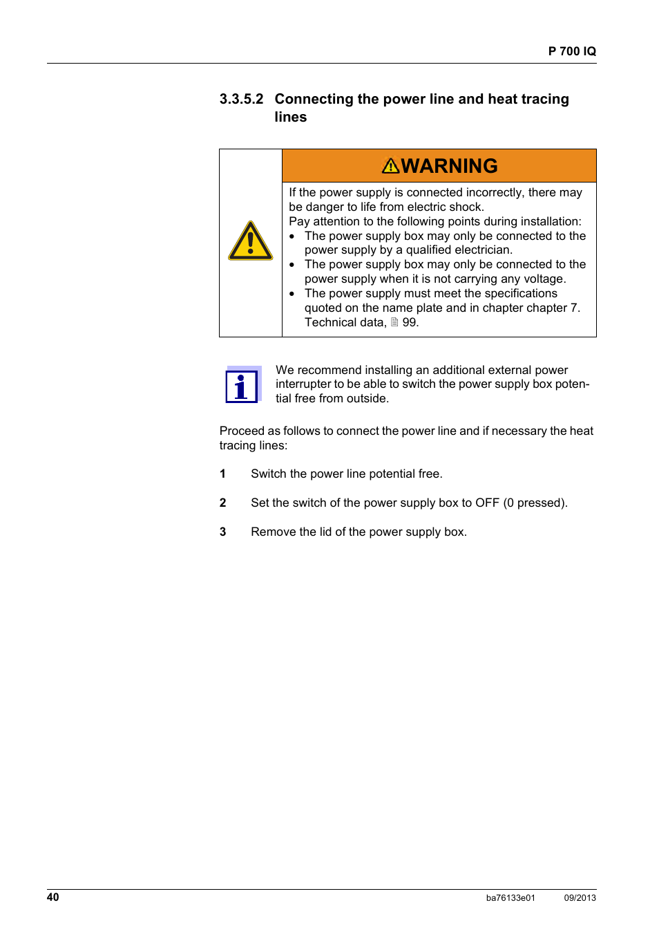 2 connecting the power line and heat tracing lines, 2 connecting the power line and heat tracing, Lines | Warning | YSI P 700 IQ Analyzer User Manual | Page 40 / 116