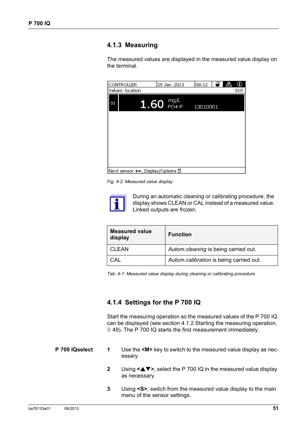 3 measuring, 4 settings for the p 700 iq, 3 measuring 4.1.4 settings for the p 700 iq | YSI P 700 IQ Analyzer User Manual | Page 51 / 116