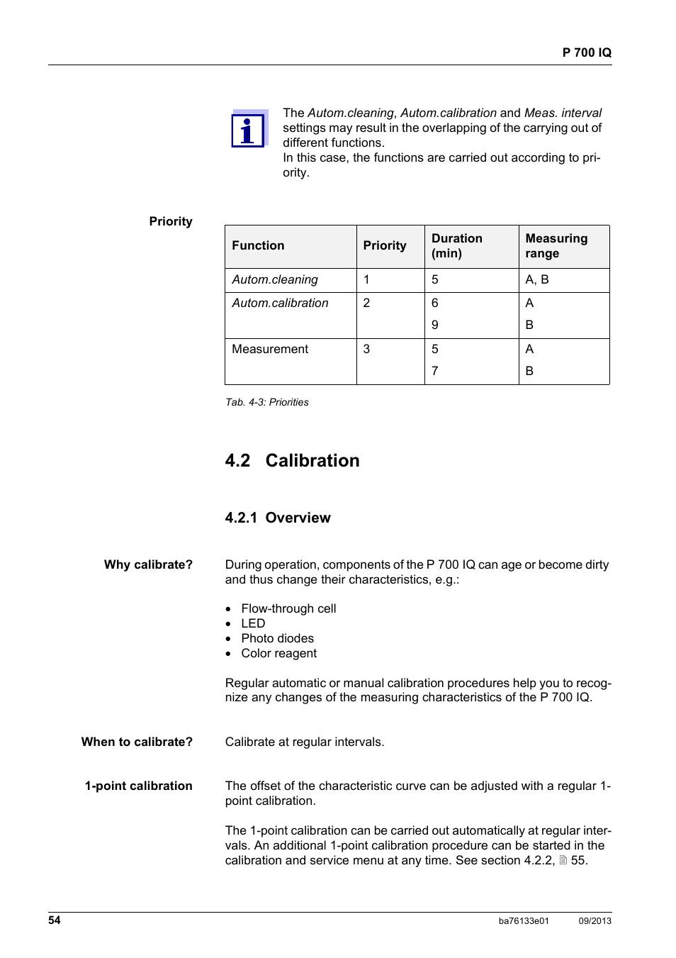 2 calibration, 1 overview, Calibration 4.2.1 overview | YSI P 700 IQ Analyzer User Manual | Page 54 / 116