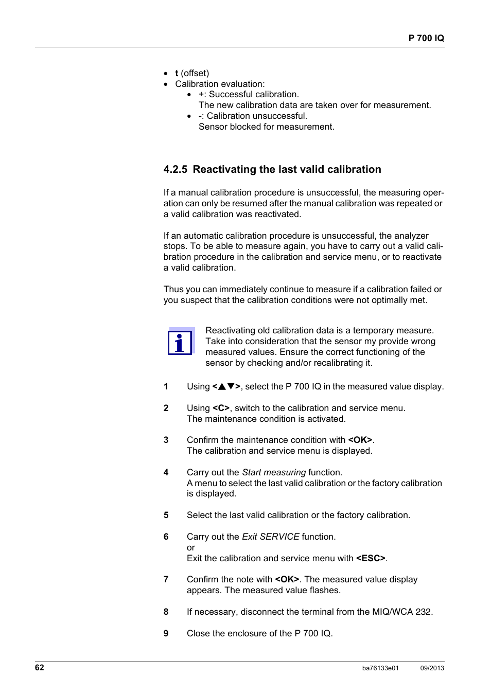 5 reactivating the last valid calibration | YSI P 700 IQ Analyzer User Manual | Page 62 / 116