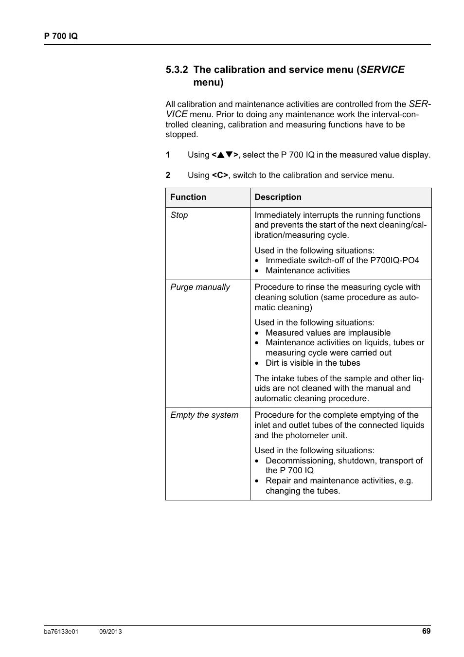 2 the calibration and service menu (service menu), The calibration and service menu | YSI P 700 IQ Analyzer User Manual | Page 69 / 116
