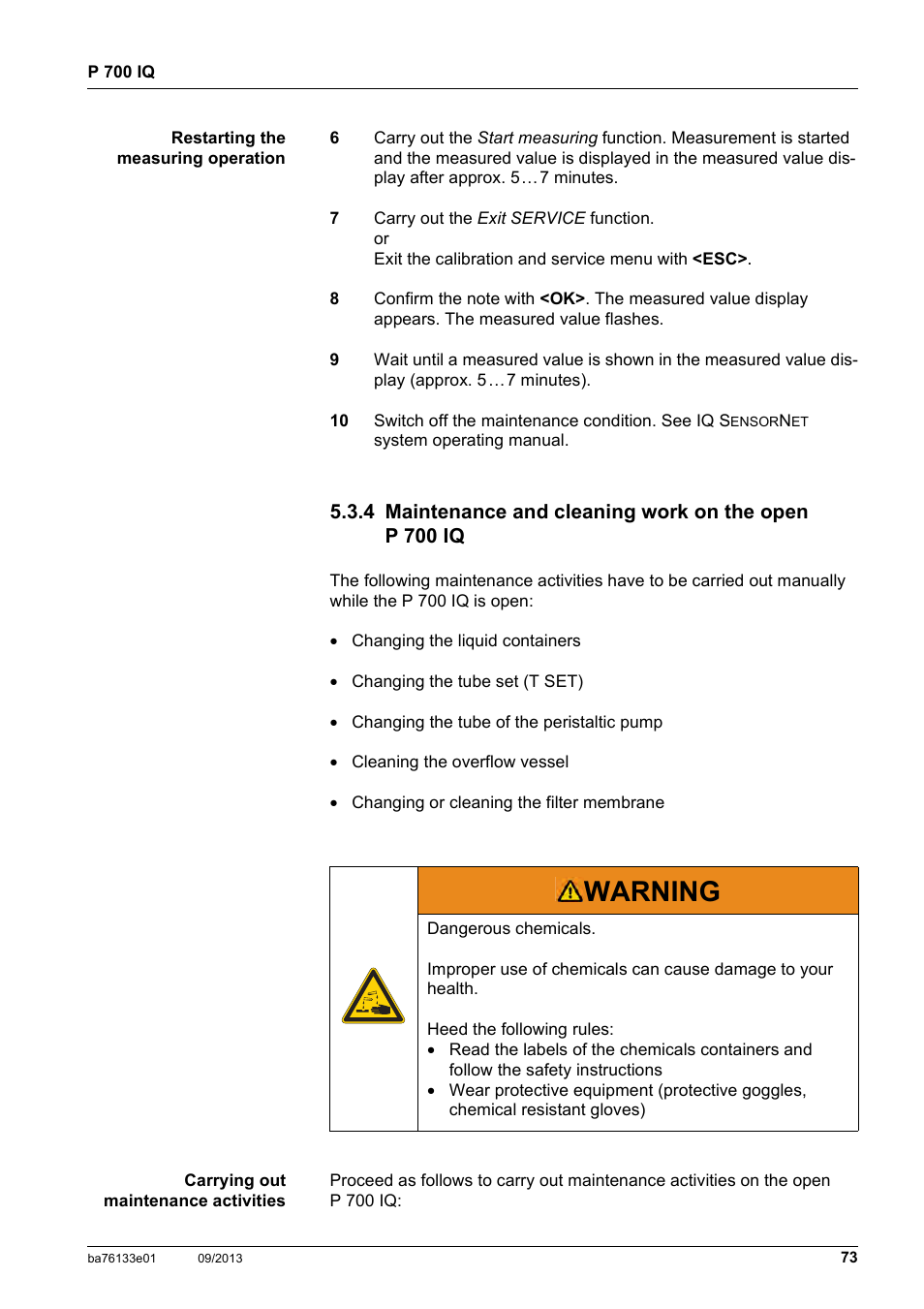 Section 5.3.4,  73), Warning | YSI P 700 IQ Analyzer User Manual | Page 73 / 116