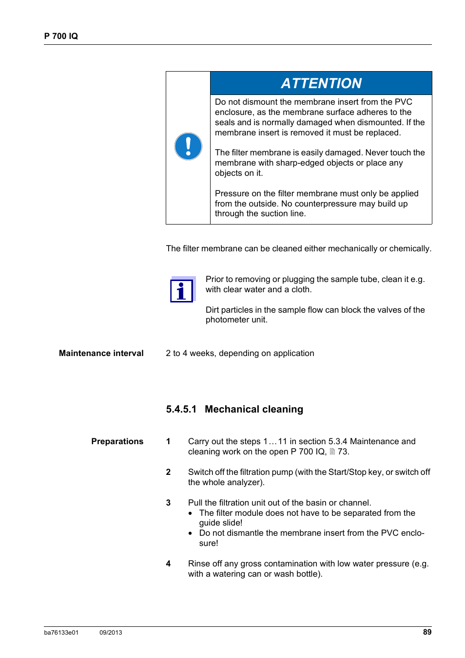 1 mechanical cleaning, Attention | YSI P 700 IQ Analyzer User Manual | Page 89 / 116