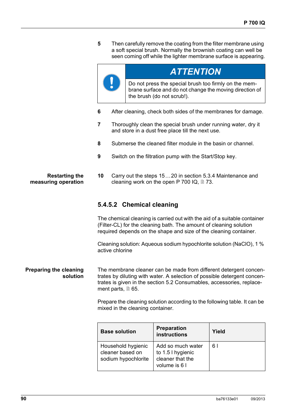 2 chemical cleaning, Attention | YSI P 700 IQ Analyzer User Manual | Page 90 / 116