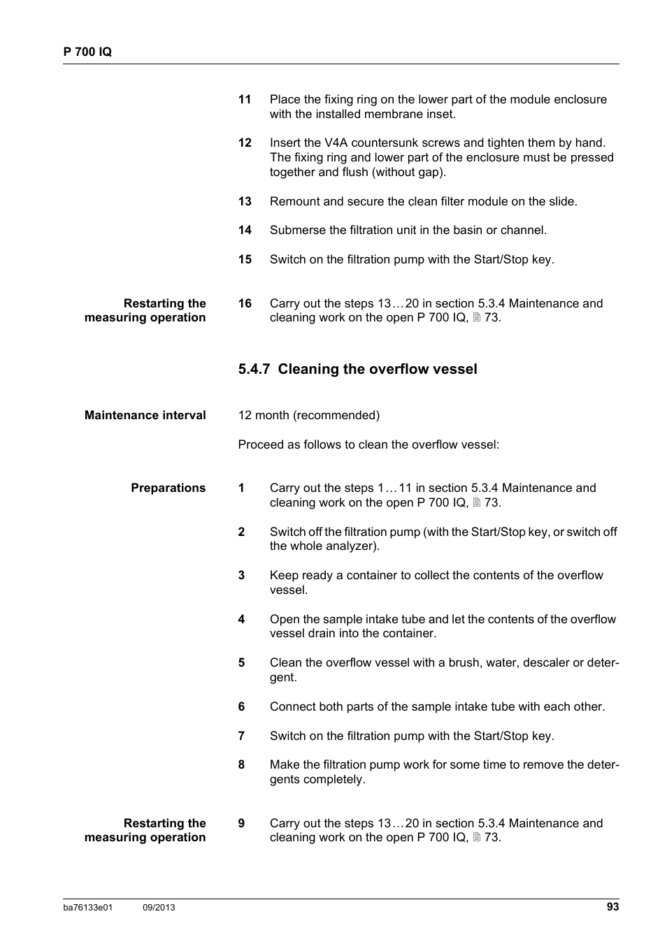 7 cleaning the overflow vessel, Section 5.4.7,  93 | YSI P 700 IQ Analyzer User Manual | Page 93 / 116